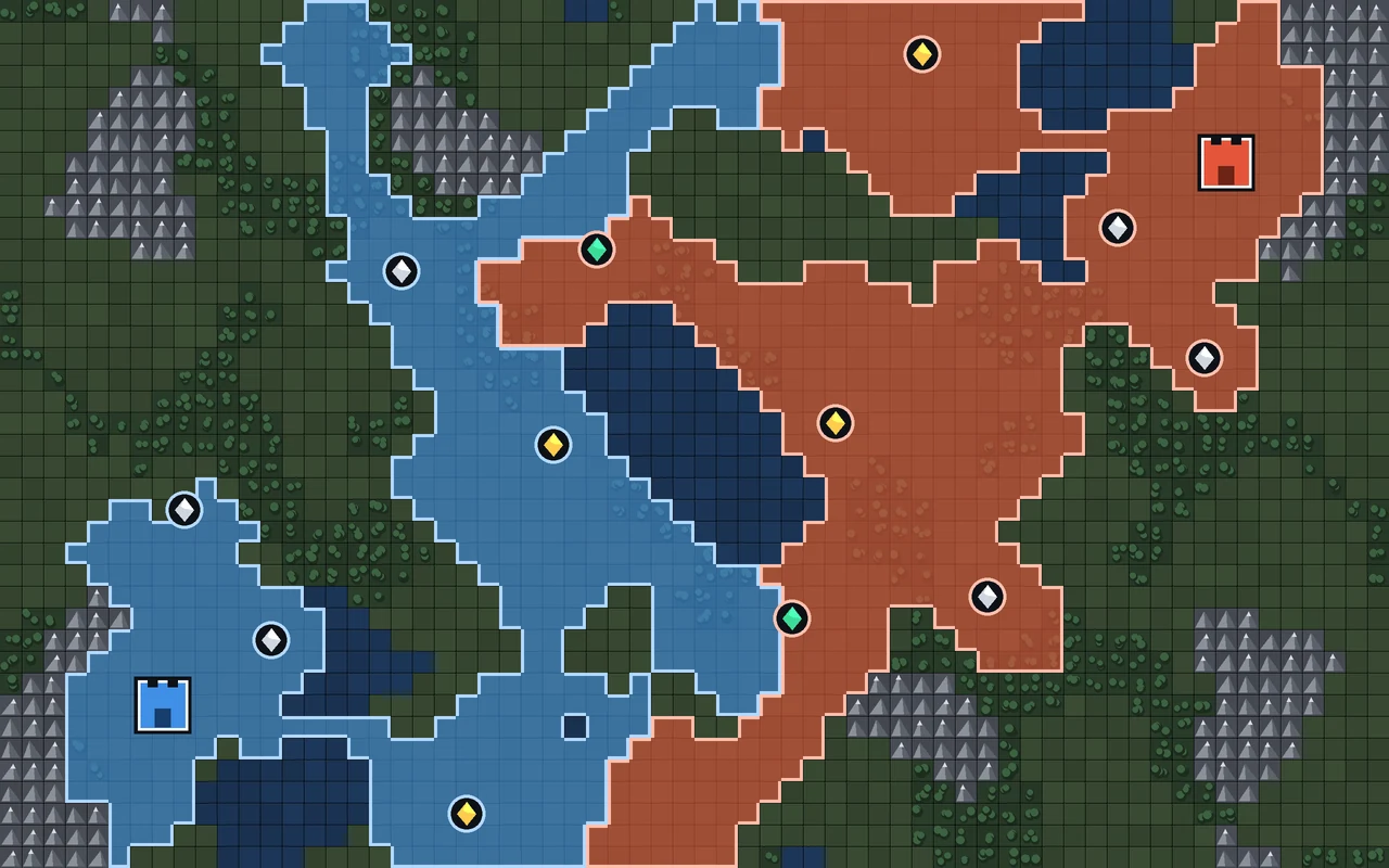 A Forgefront match in progress: a blue territory in the south-west and a red one in the north-east have met in the middle of the map, around forges, mines and emerald veins