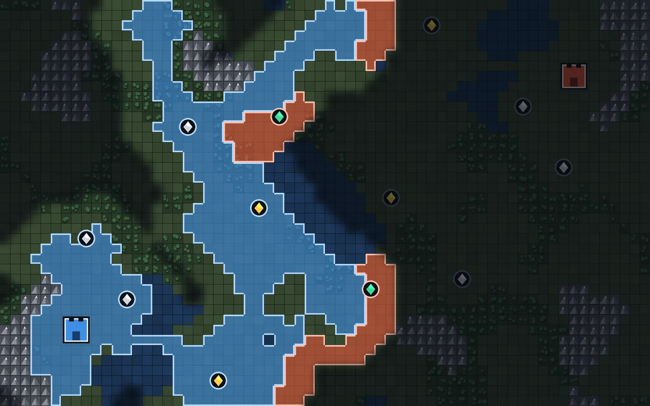The same Forgefront match as the blue player sees it: their own land is lit, and most of the red territory is hidden in fog